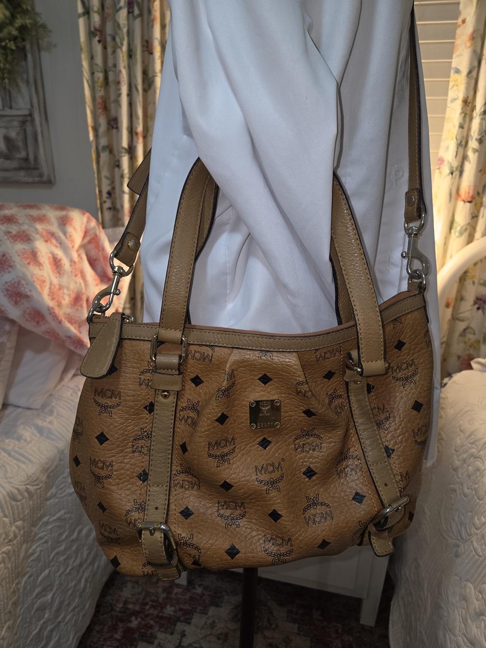 MCM Cognac Leather Monogram Tote Bag